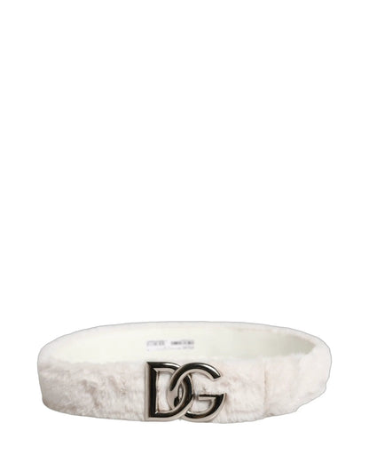 Dolce & Gabbana White Fleece Silver DG Logo Metal Buckle Belt