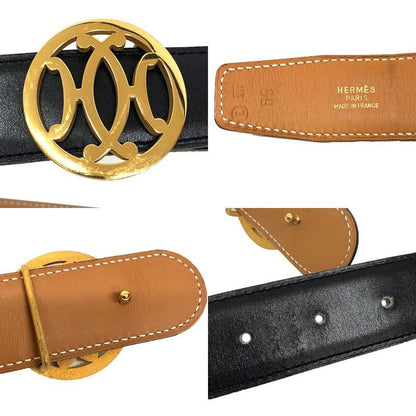 Hermes Double H Belt 65 Size Black Gold Hardware Vintage Antique