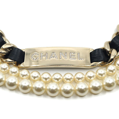 Chanel Double Pearl CC Logo Rhinestone Plate Belt Leather Black Gold