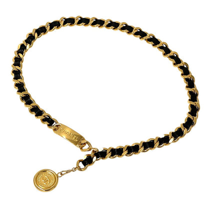 Chanel Belt Cambon Leather Chain Gold Black Logo Plate CC Thick