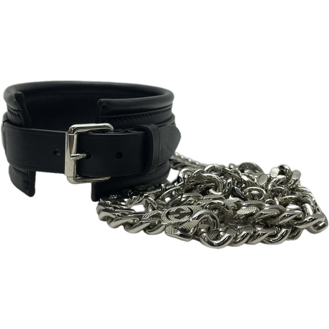 Gucci Interlocking Chain Belt Choker Black Leather Silver